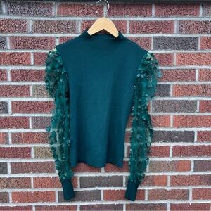 Almost Famous Forest Green Mock Neck Ribbed Floral Mesh Sleeve Top